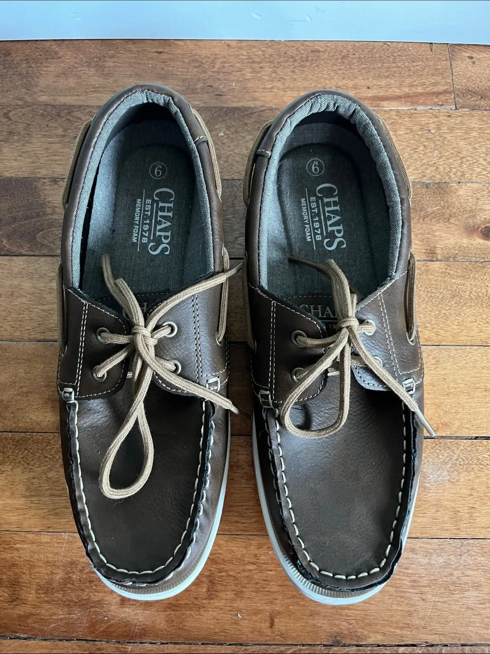 Chaps Benny Boat Shoes Men's 9 Brown Lace Up Deck Casual Loafers White Sole